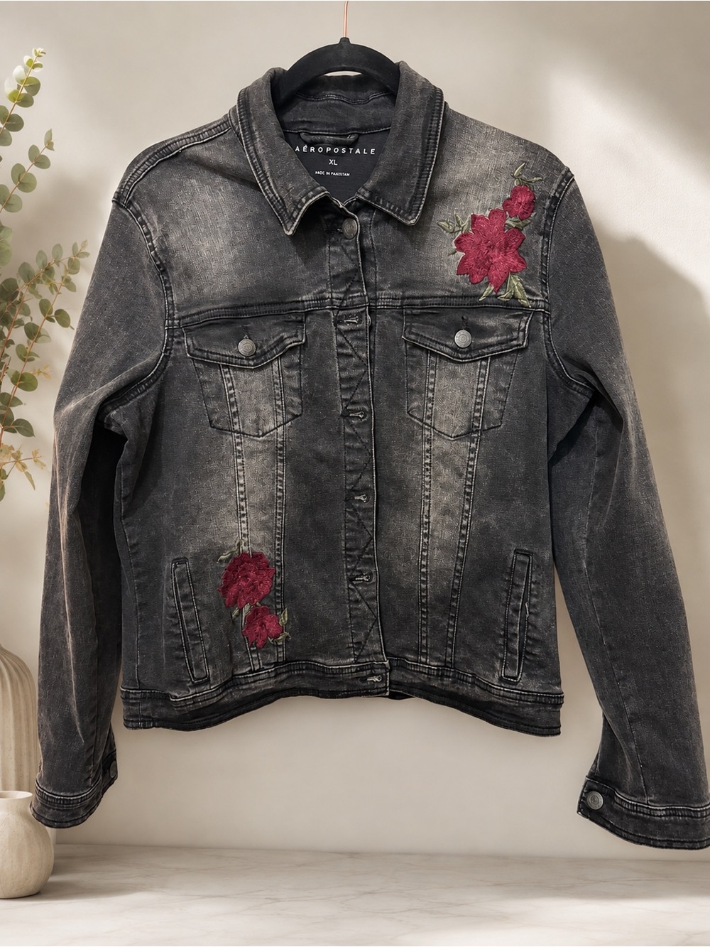 Aeropostale Black Washed Denim Jacket with Burgundy Rose Embroidery - Picture 2 of 3